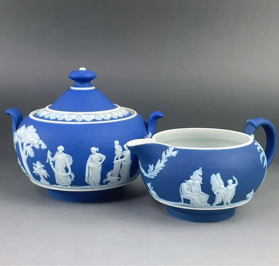 希少 アンティーク ウェッジウッド ジャスパーウェア シュガーボウル クリーマー ウェッジウッドのジャスパーウェア、ペールブルー色のアンティーク