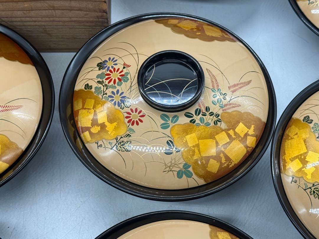 時代　輪島塗　蒔絵秋草紋菓子椀10点　木製　共箱　送料込み251221