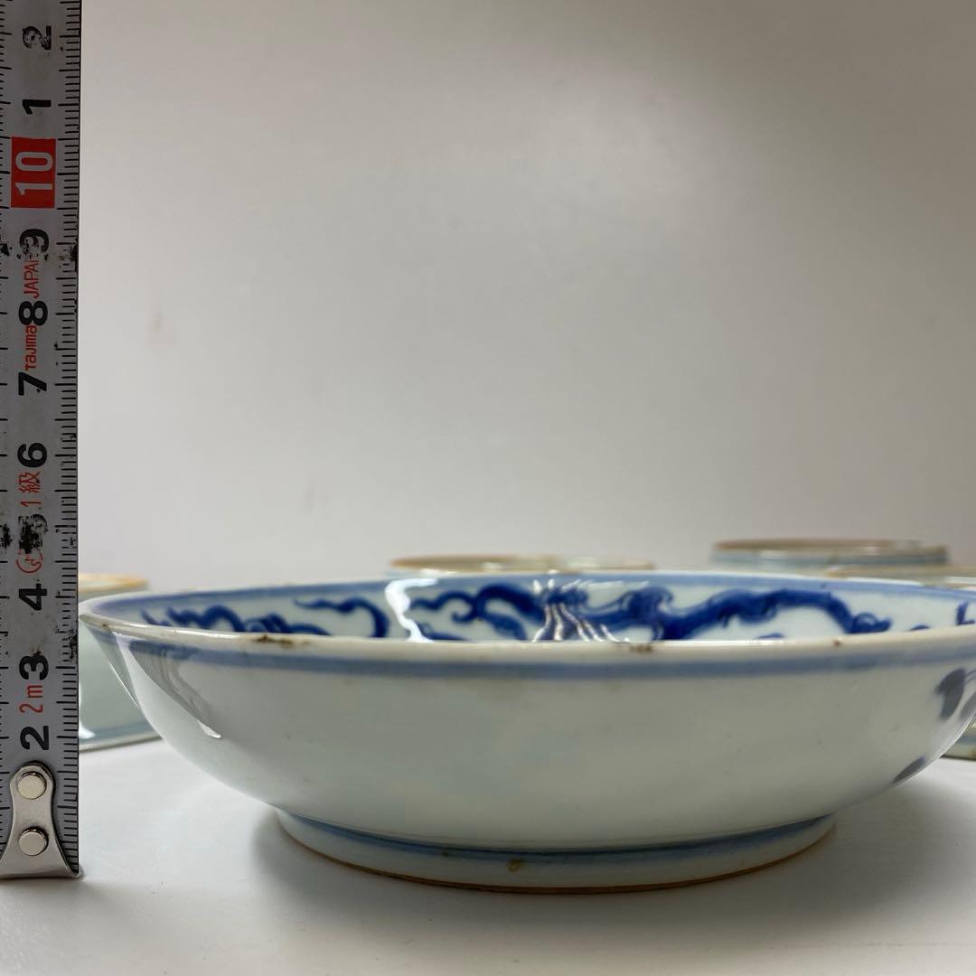 中国清時代新渡青花龍図中皿木箱付直径約16㎝東Y7-0326☆2F