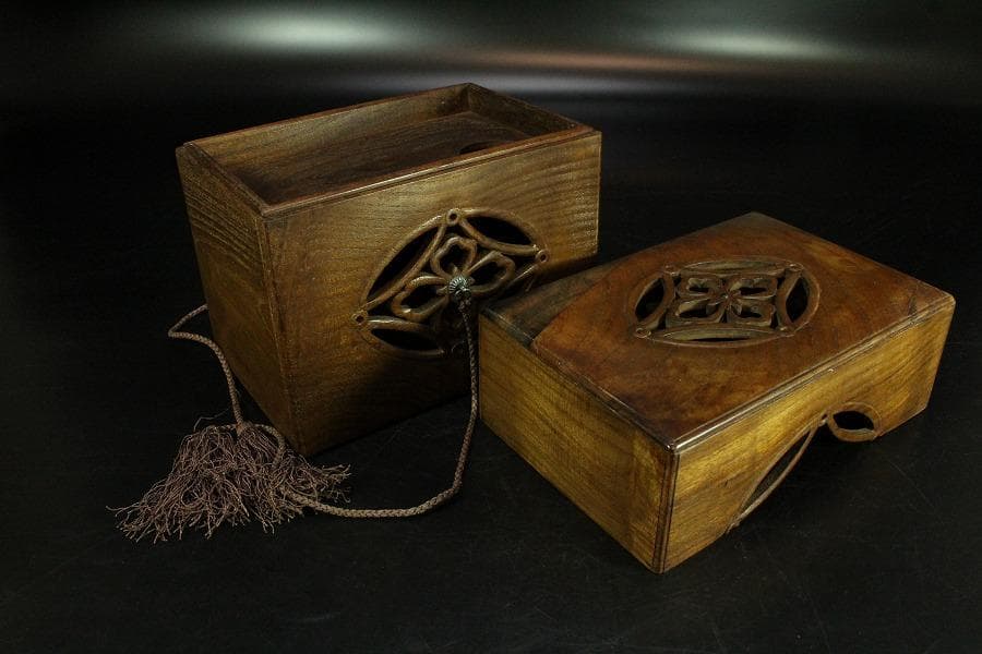 遠州流 桑 七宝透かし 黒柿 茶箱 美品 綺麗寂 時代仕服付(K-A344