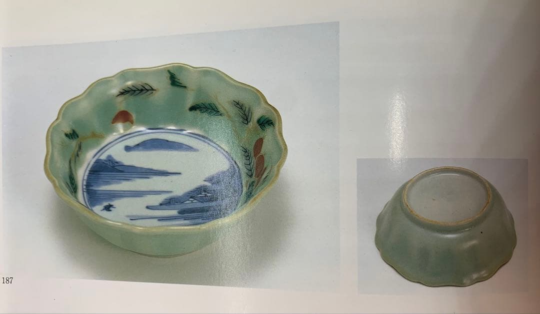 古伊万里焼の青磁色絵 山水栗文 輪花鉢 美術品・アンティーク