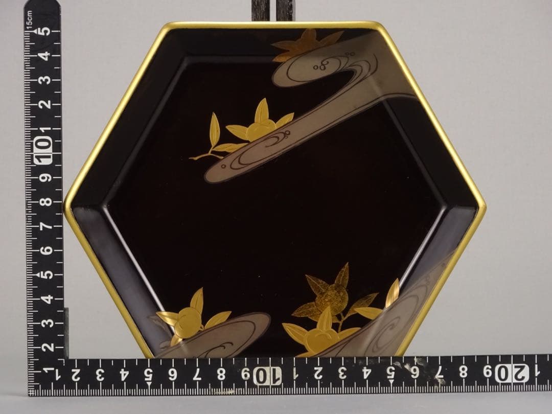 極上　輪島塗　雲に橘　蒔絵　六角　菓子皿　5客　菓子器　銘々皿　切金　木製漆器