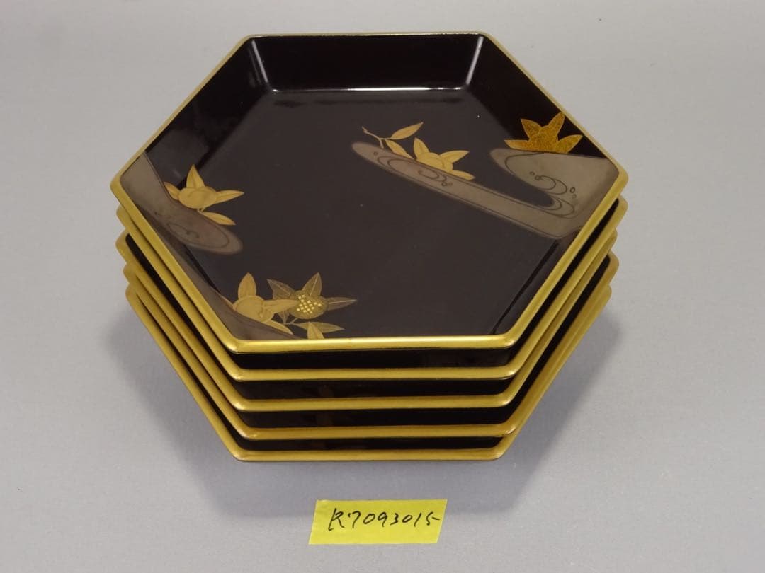 極上 輪島塗 雲に橘 蒔絵 六角 菓子皿 5客 菓子器 銘々皿 切