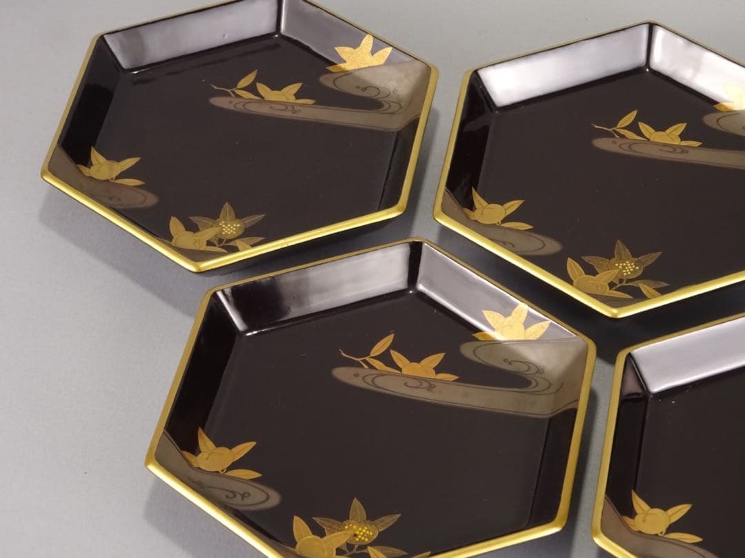 極上　輪島塗　雲に橘　蒔絵　六角　菓子皿　5客　菓子器　銘々皿　切金　木製漆器