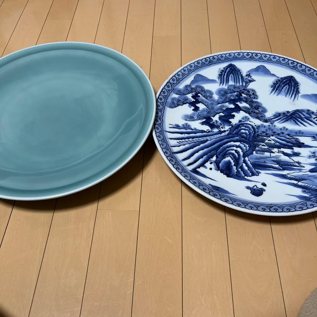 和食器大皿］青白い風景画の陶器平皿40センチ2枚 - メルカリ