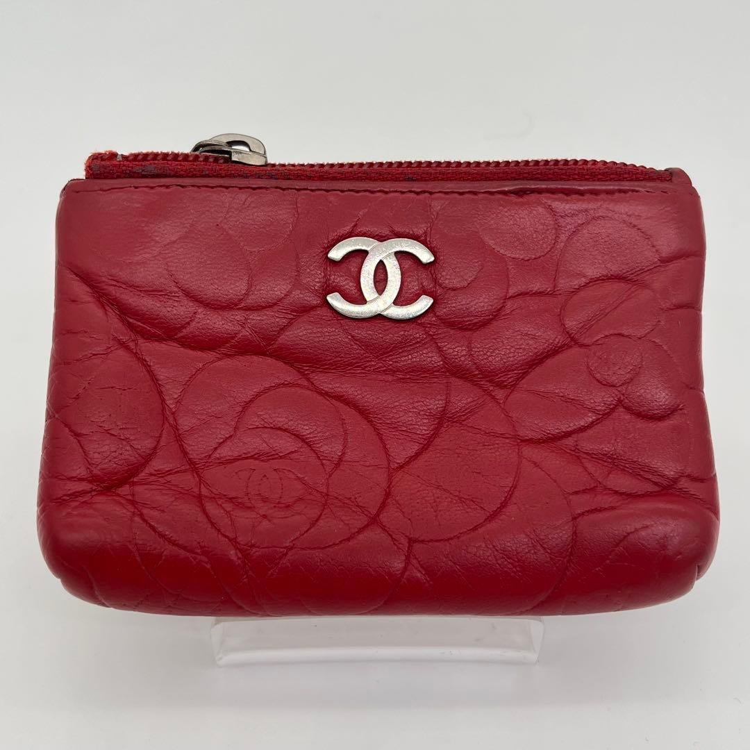 CHANEL ケース 小銭入れ カメリア ココマーク ロゴ金具 赤 本革
