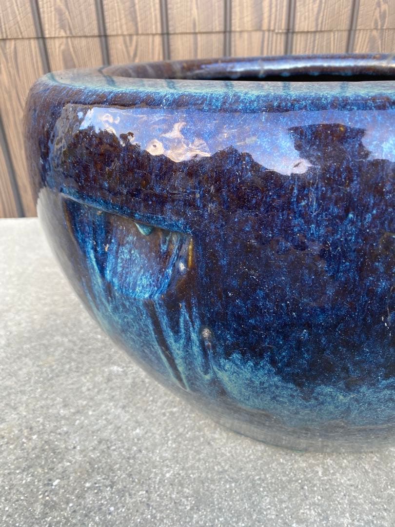 火鉢 陶器 海鼠釉 アンティーク 骨董 金魚鉢 特大 睡蓮鉢 メダカ 鉢カバー