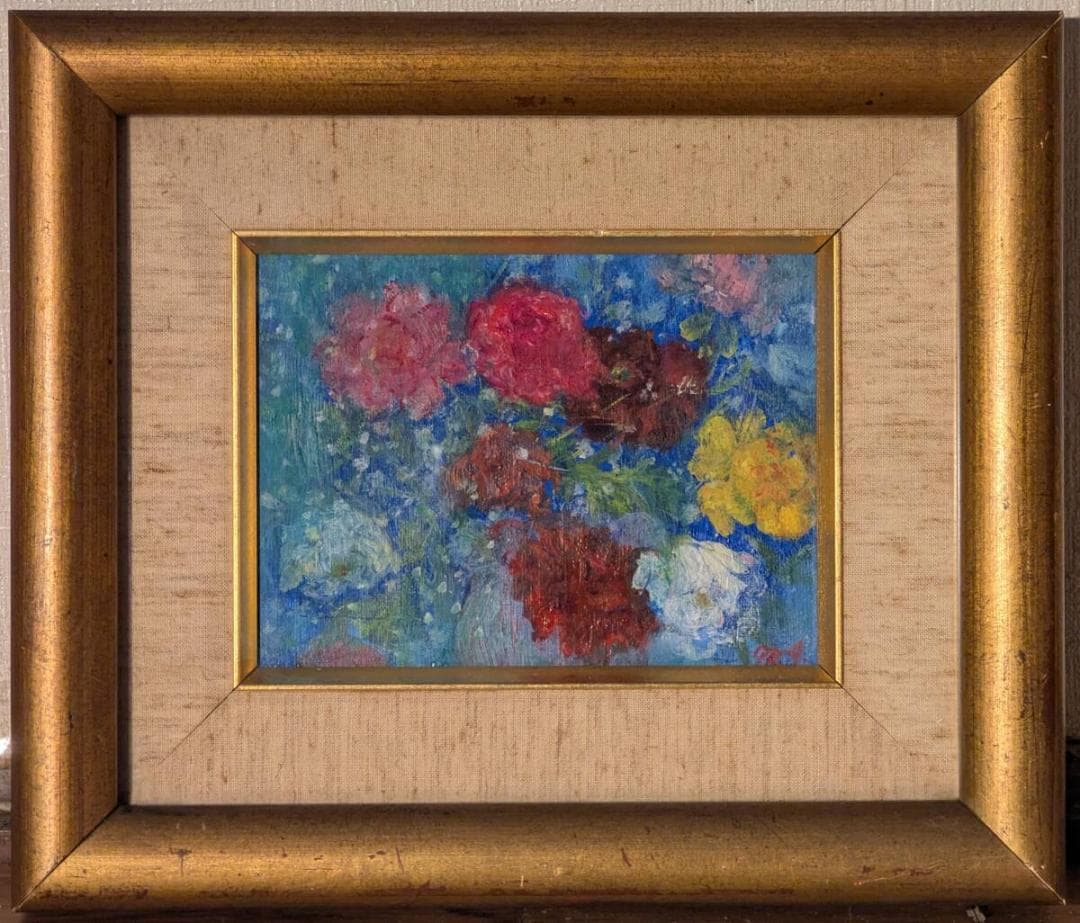 真作】絵画 油彩0号 華やぎのブーケ 印象派風 花の静物画 X168