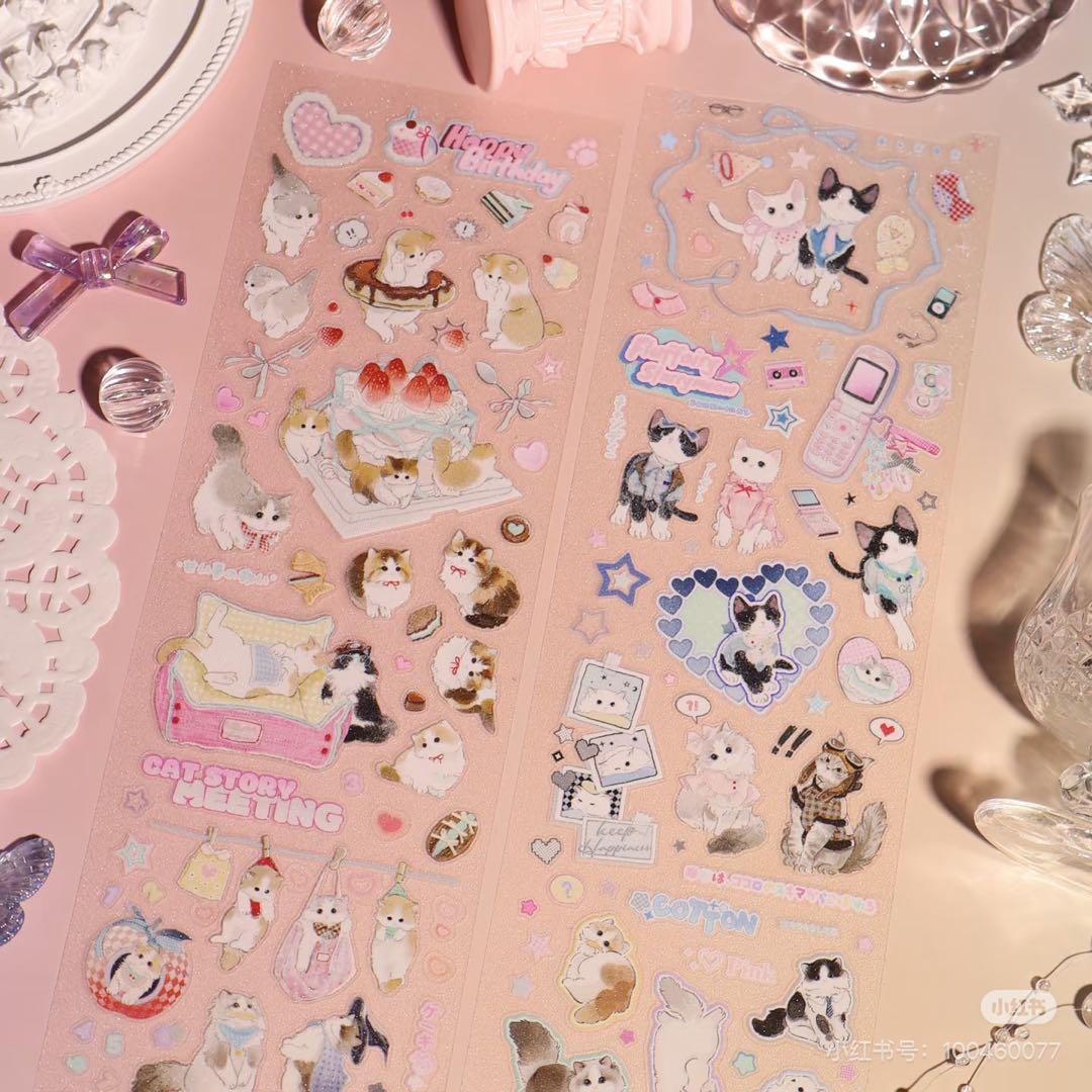 9088】海外 マスキングテープ5m巻 ラメ加工カッティング猫 ケーキ 動物