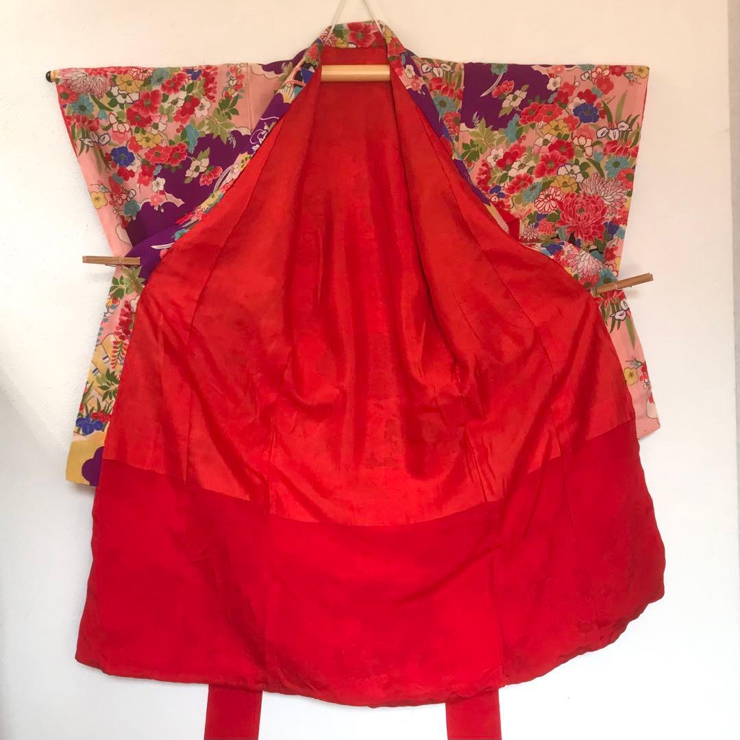 正絹 アンティーク着物 女の子 七五三 ◇花車 扇 雲取り 古典柄