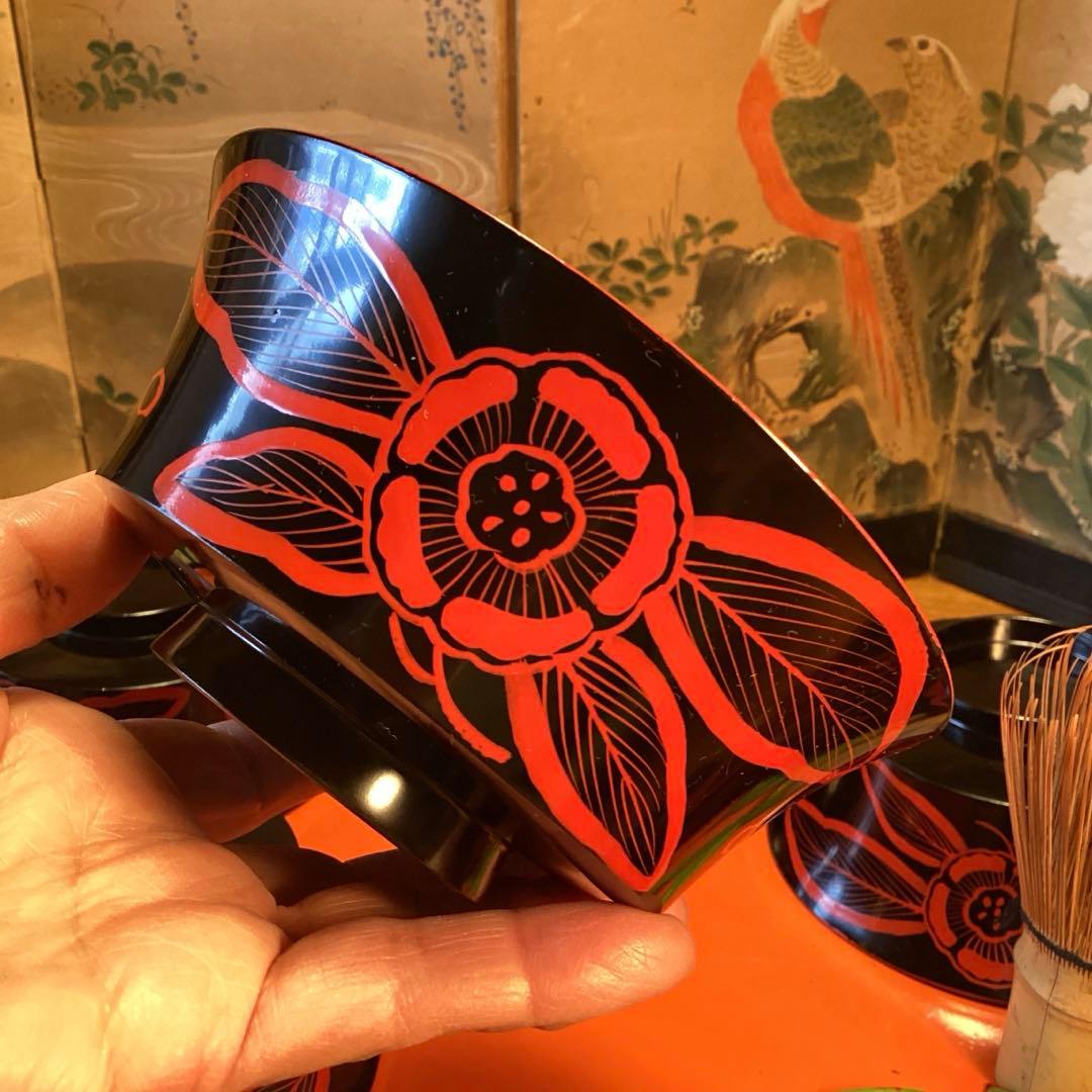 A1055 木製輪島塗　吉野椀　芙蓉紋様　吸い物椀　5客