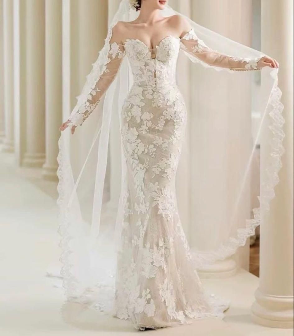 オフショルダーアイボリーマーメイドウェディングドレス