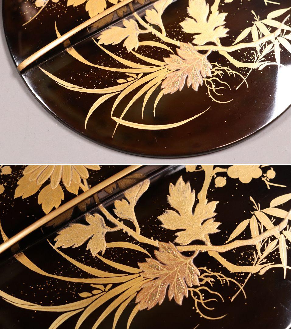 時代 四君子蒔絵 銚子 一対 天然木 草花 金蒔絵 黒塗 木製漆器【MA409】