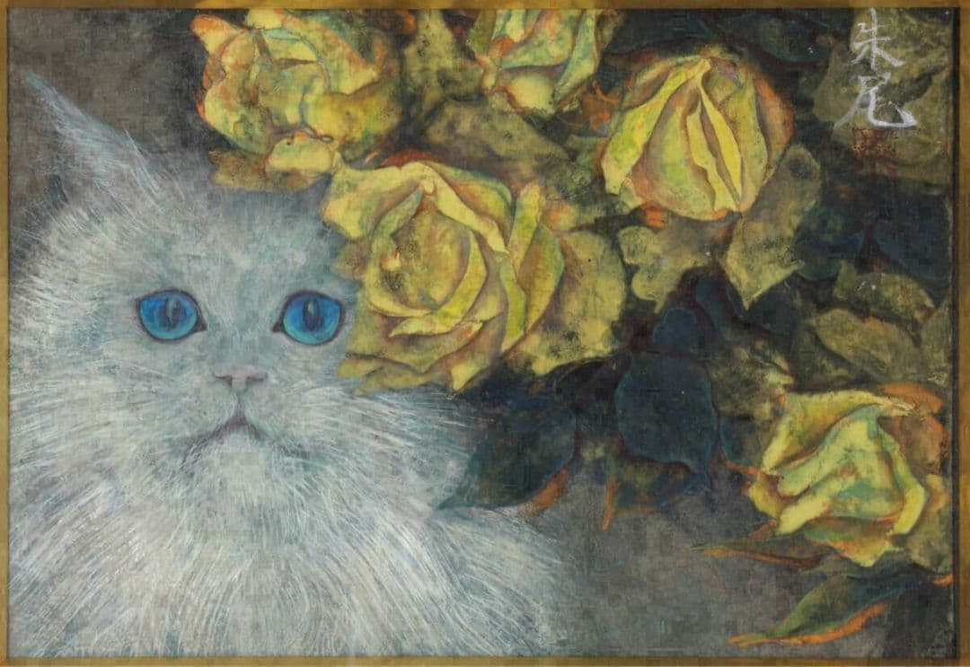 白猫と黄薔薇」猫 ネコ 動物画 花 黄薔薇 絵画 額装 豪華額縁