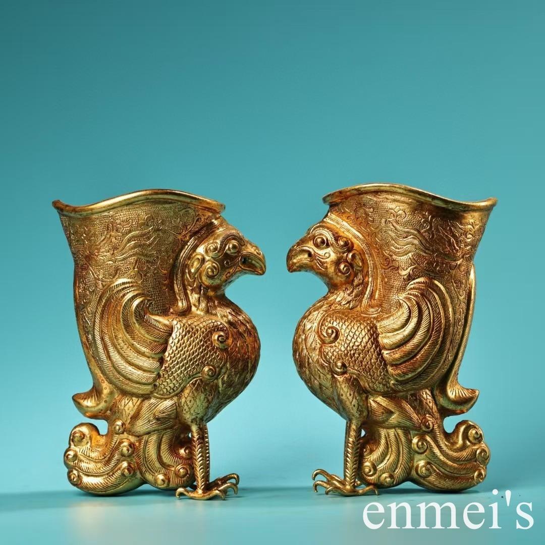 中国古美術・旧蔵高浮彫鏨刻鎏金の鳳凰酒杯セット・純銅制・手作り・酒具・風水開運 楽天市場】徳利 ワインポット 銅製 古道具 真鍮 酒器 仏殿 グラス 酒杯