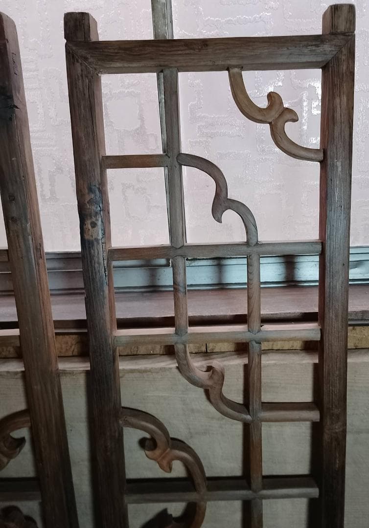 アンティーク 木製 格子 建具 2枚セット 古道具 透かし彫り 雲形 時代