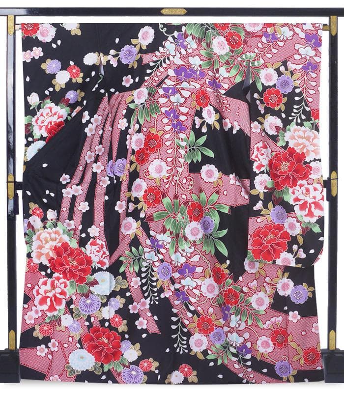 化繊・仕立て上がり】 振袖 黒 モダン 古典 成人式 前撮り C910