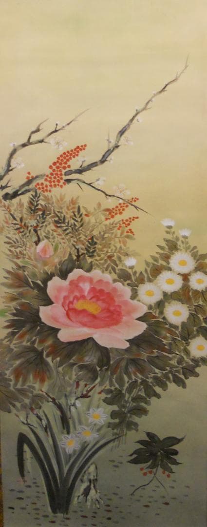 掛け軸 玉鳳 四季花 絹本 希少 軸装 茶道具 掛軸 美品 です。 掛け軸 河田雲鳳 『 五帝四季花 』 絹本 希少 軸装 茶道具 掛軸 美品 です