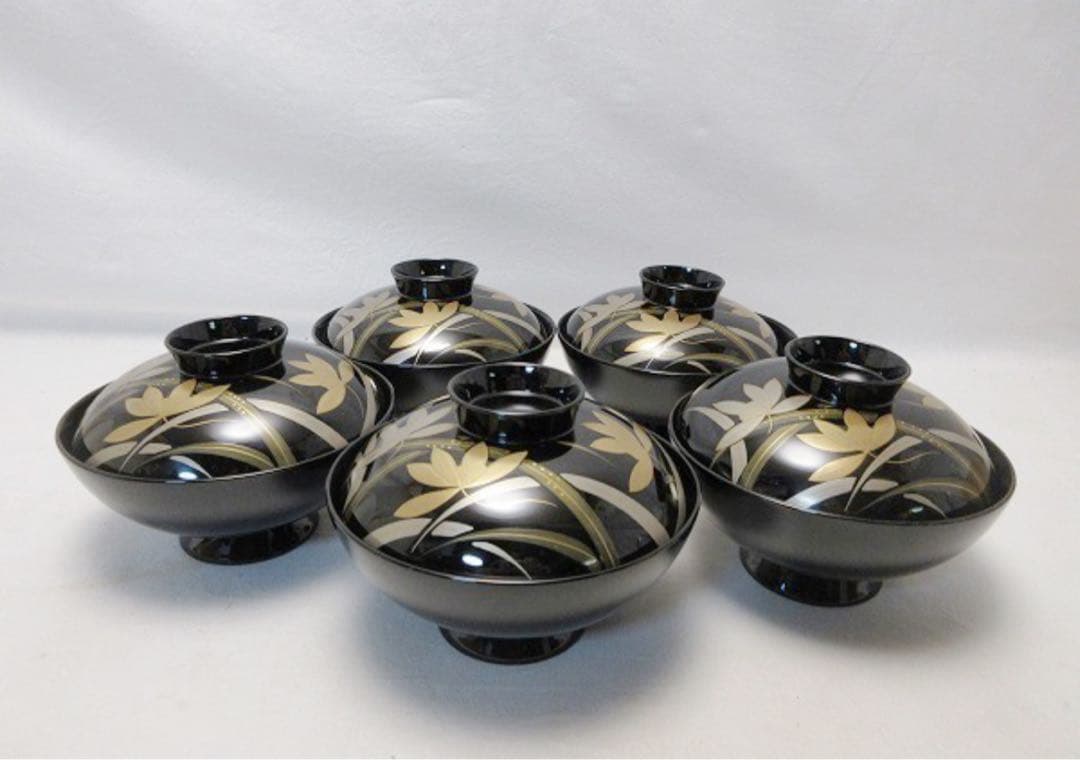 未使用 懐石道具 源伸堂 本漆手塗 天然木製 黒塗 花蒔絵 吸物椀5客 栞 共箱