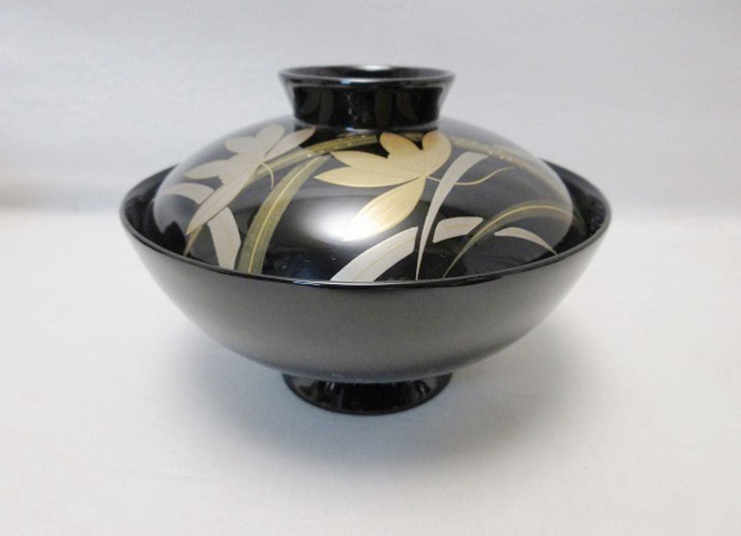 未使用 懐石道具 源伸堂 本漆手塗 天然木製 黒塗 花蒔絵 吸物椀5客 栞 共箱