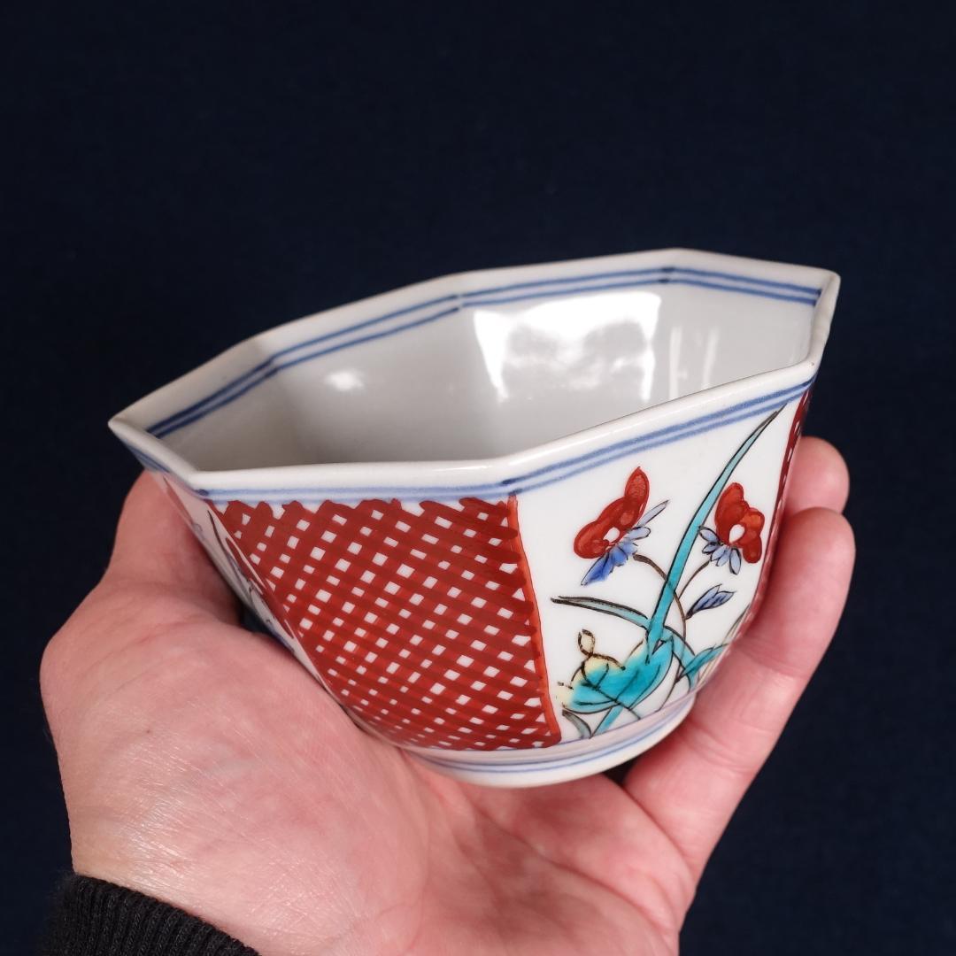 九谷焼 堀江青光 九谷聖城窯 牡丹割取 八角小鉢 5客 共