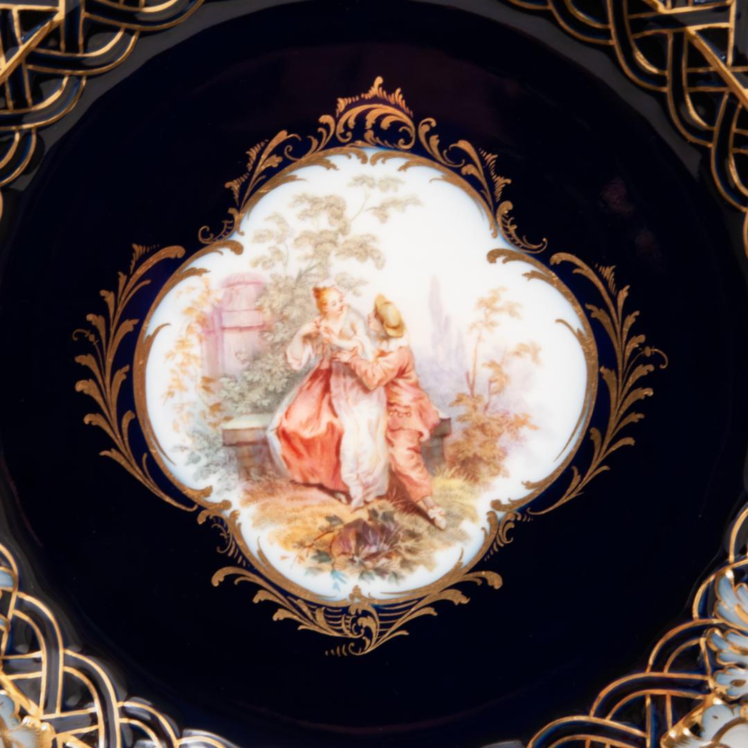 古マイセン 金彩 ワトー恋人文 コバルトロカイユ窓 透かし絵皿 直径 29cm