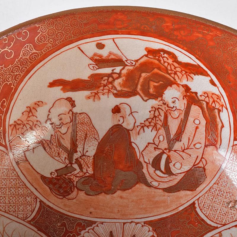 九谷焼 古九谷 赤絵金彩 窓絵 人物花鳥文 三ッ組鉢 時代箱付 U R8370