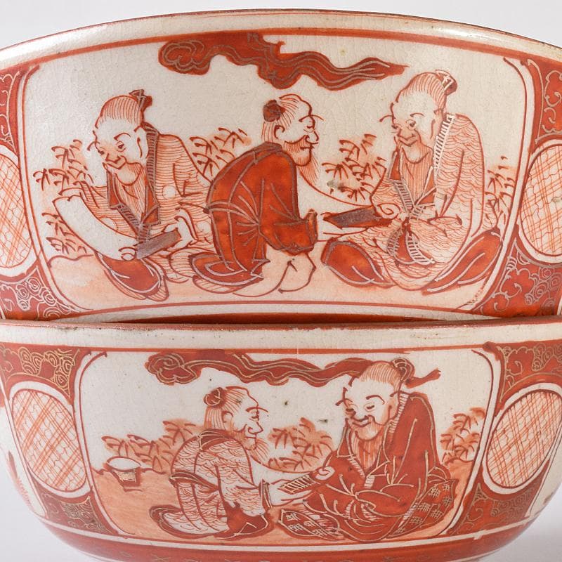 九谷焼 古九谷 赤絵金彩 窓絵 人物花鳥文 三ッ組鉢 時代箱付 U R8370