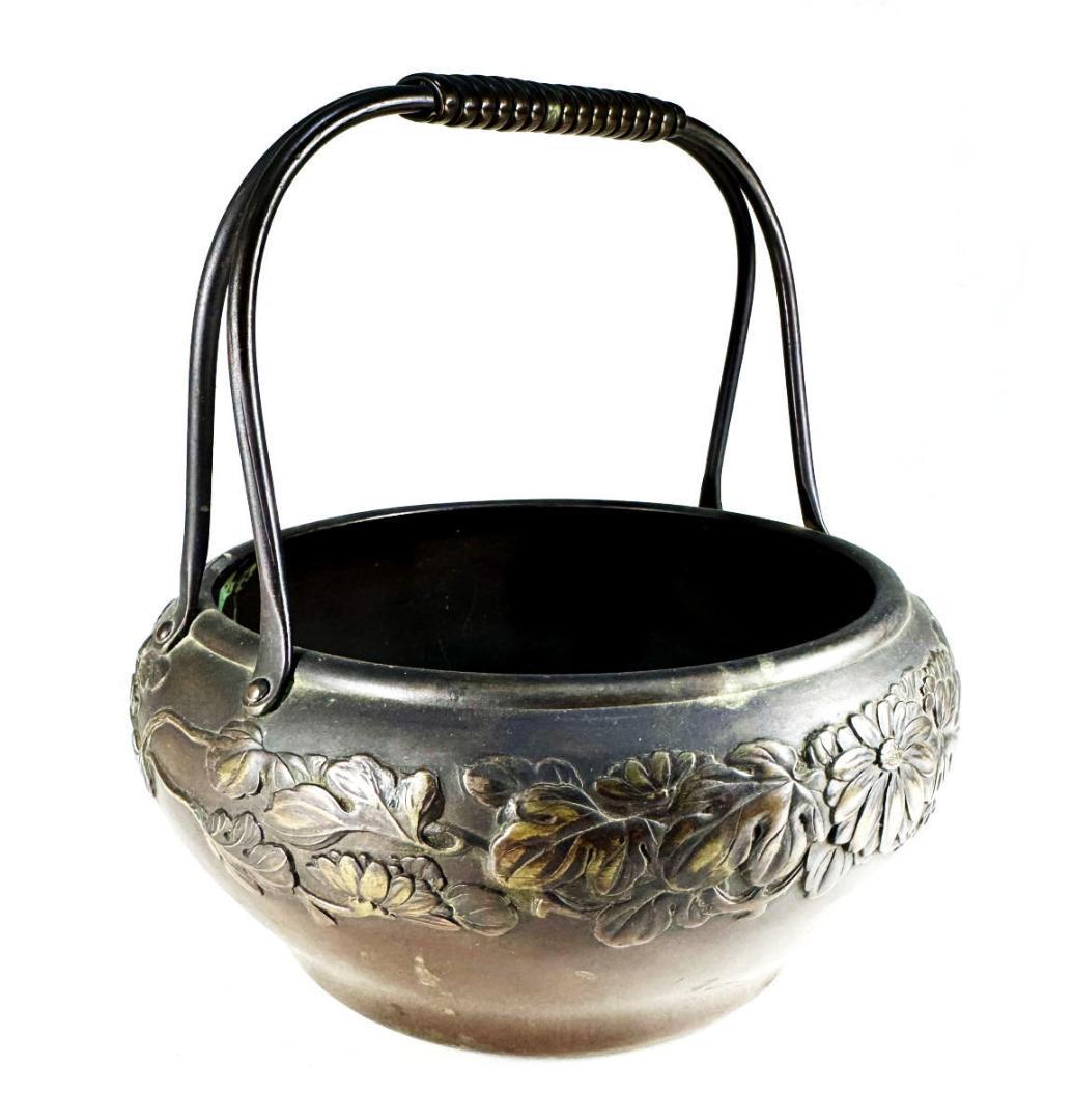 明治時代京都 森田山陽作 古銅花文提梁花器 在銘 古美術 ウブ品 WWST027