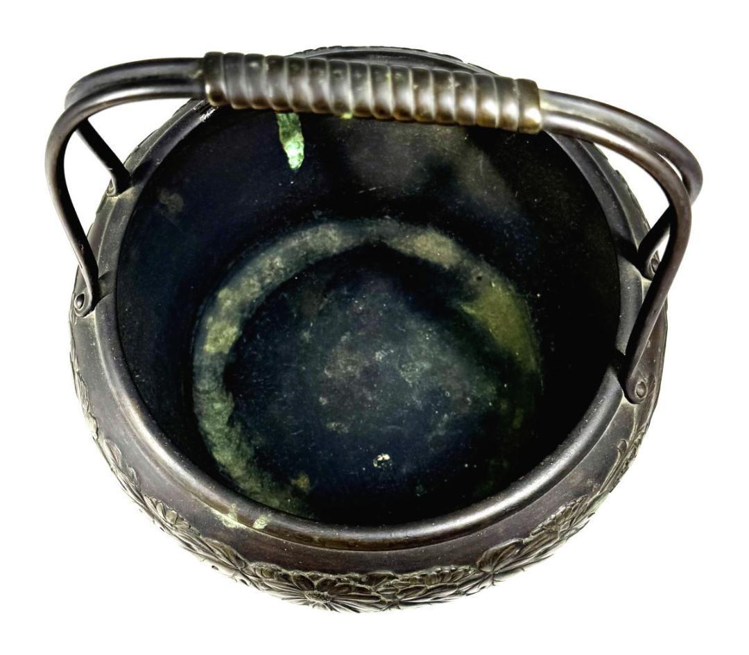 明治時代京都 森田山陽作 古銅花文提梁花器 在銘 古美術 ウブ品 WWST027