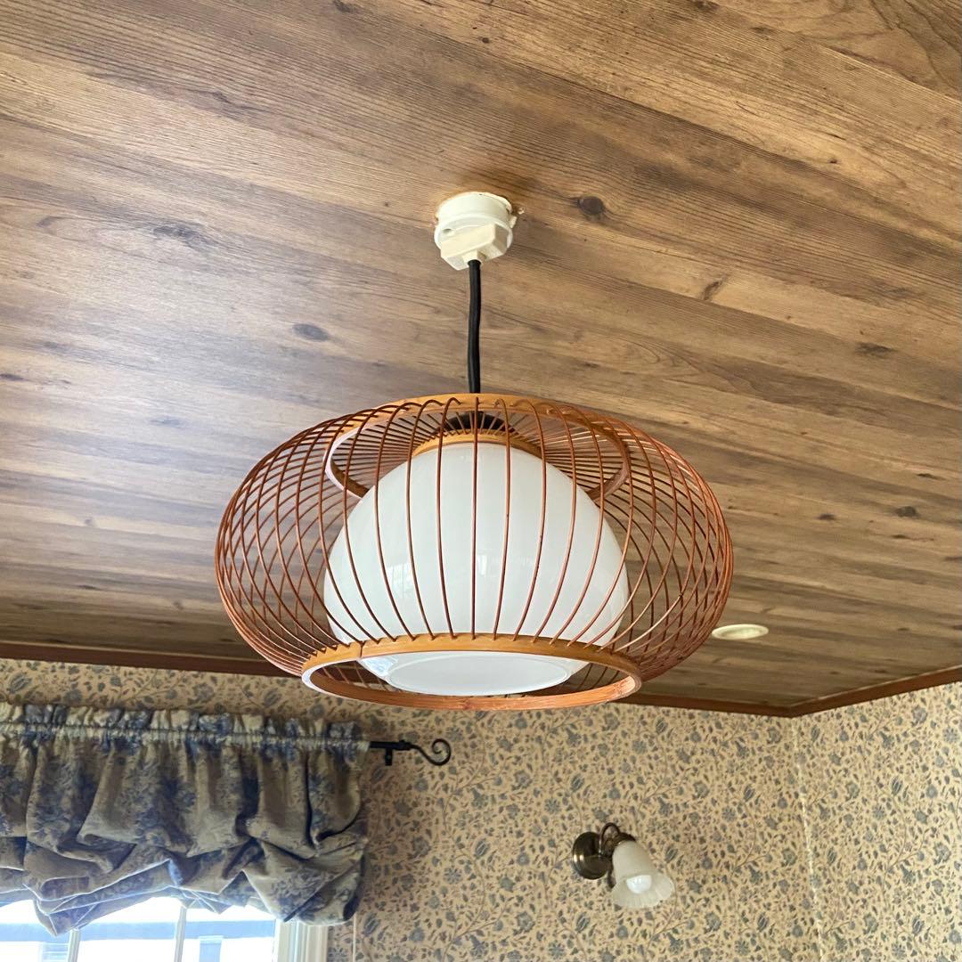 竹細工 天井照明 ペンダントライト 硝子シェード 和モダン 昭和レトロ