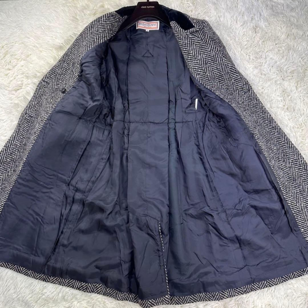 イヴサンローラン ダブルブレストコート ヘリンボーン ツイード ベロア