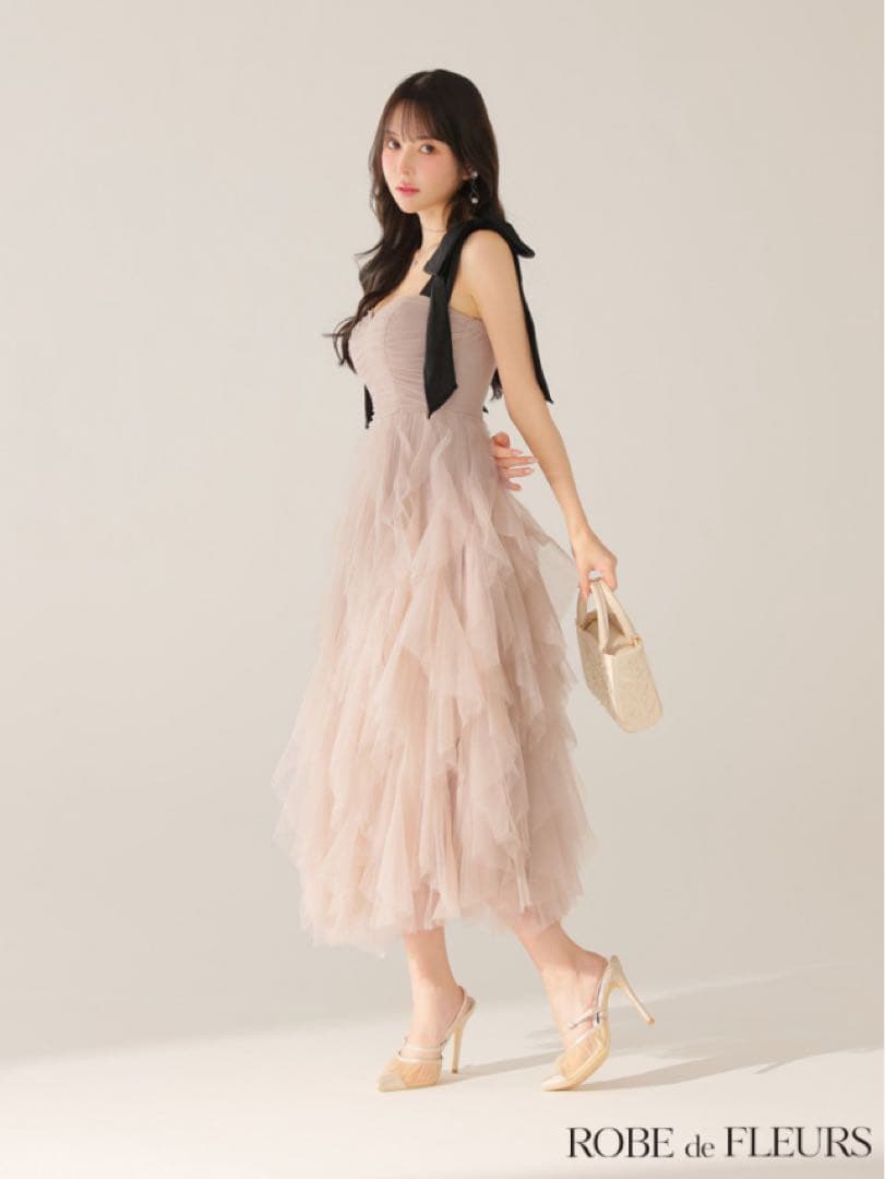 ROBE de FLEURSボリュームチュールショルダーリボンフレアロングドレス