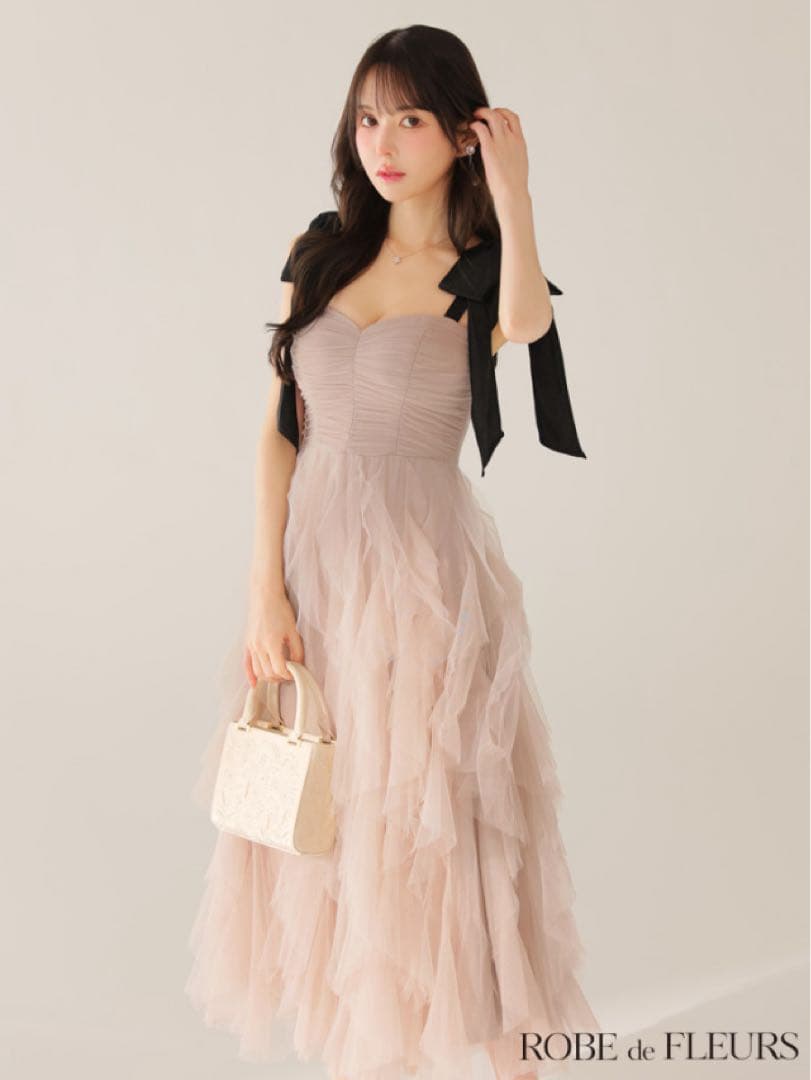 ROBE de FLEURSボリュームチュールショルダーリボンフレアロングドレス