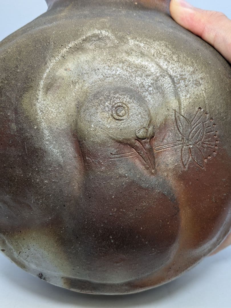 岡本錦朋 備前陶彫「平和の花園」 共箱栞 備前焼 壷花入