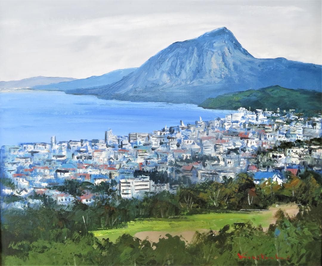 国立秀雄　「別府湾」　油彩F10号　大分県、別府湾と高崎山の情景　真作保証