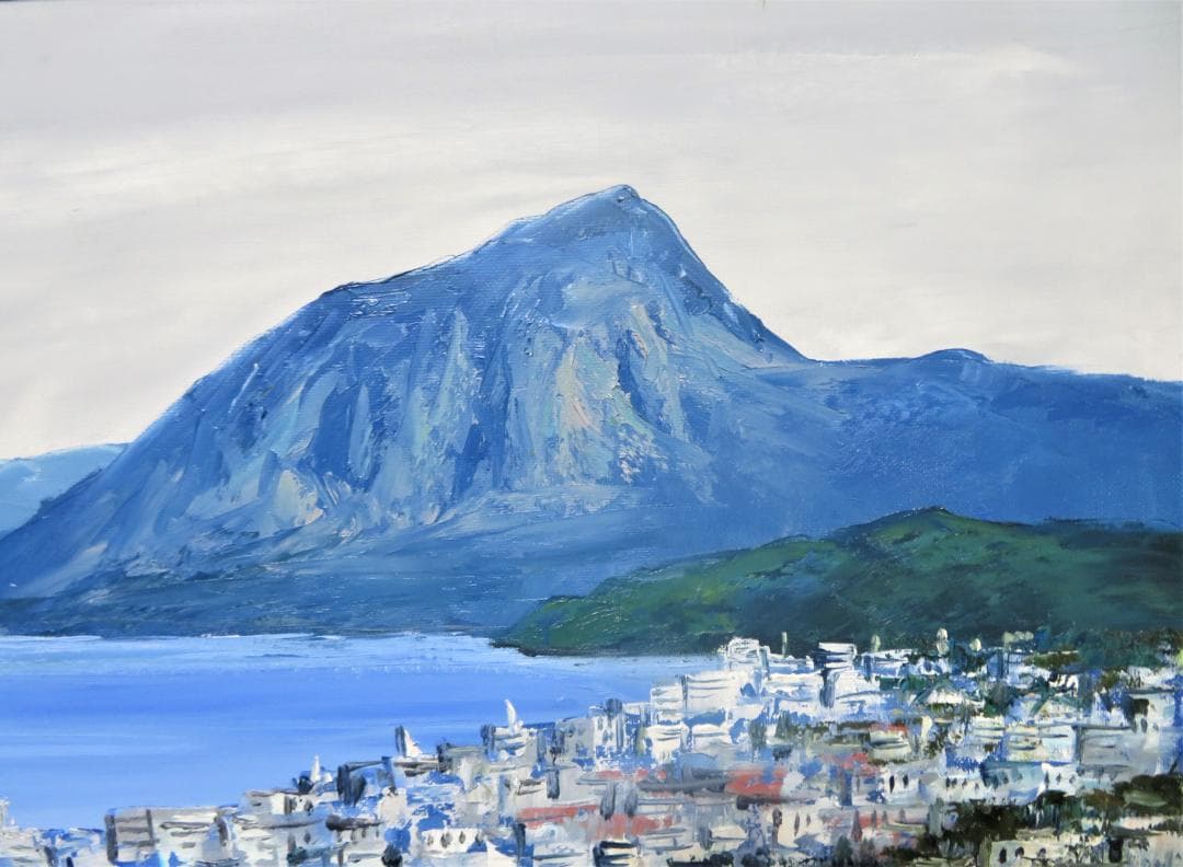 国立秀雄　「別府湾」　油彩F10号　大分県、別府湾と高崎山の情景　真作保証