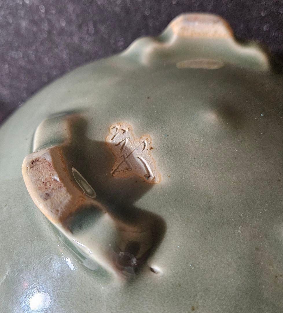 現代作家作 菊花文刻 青瓷 青磁 大香炉 花入れ 花器 口径約19.5