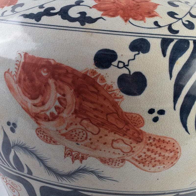 大発中国　辰砂　花弁魚藻文　獅子摘　蓋壺　Ｃ　8939Ａ