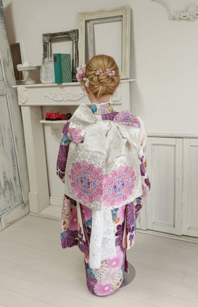 新品着物☆クリーム色大きな花模様着物☆作り帯フルセット