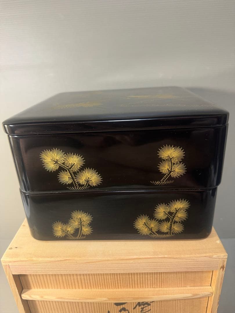 2445 輪島塗 金蒔絵 松鶴文 二重箱