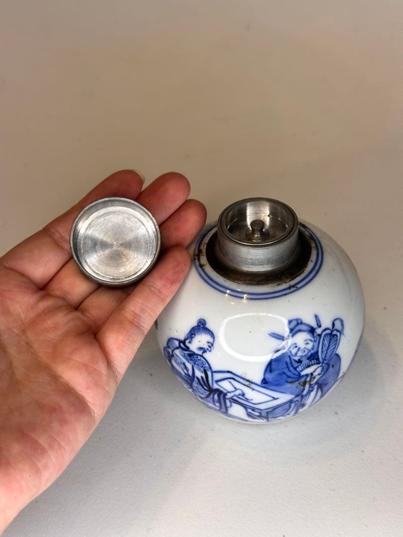 中国清代 人物染付茶葉缶 錫蓋 二重蓋 手描き 古美術 中国古