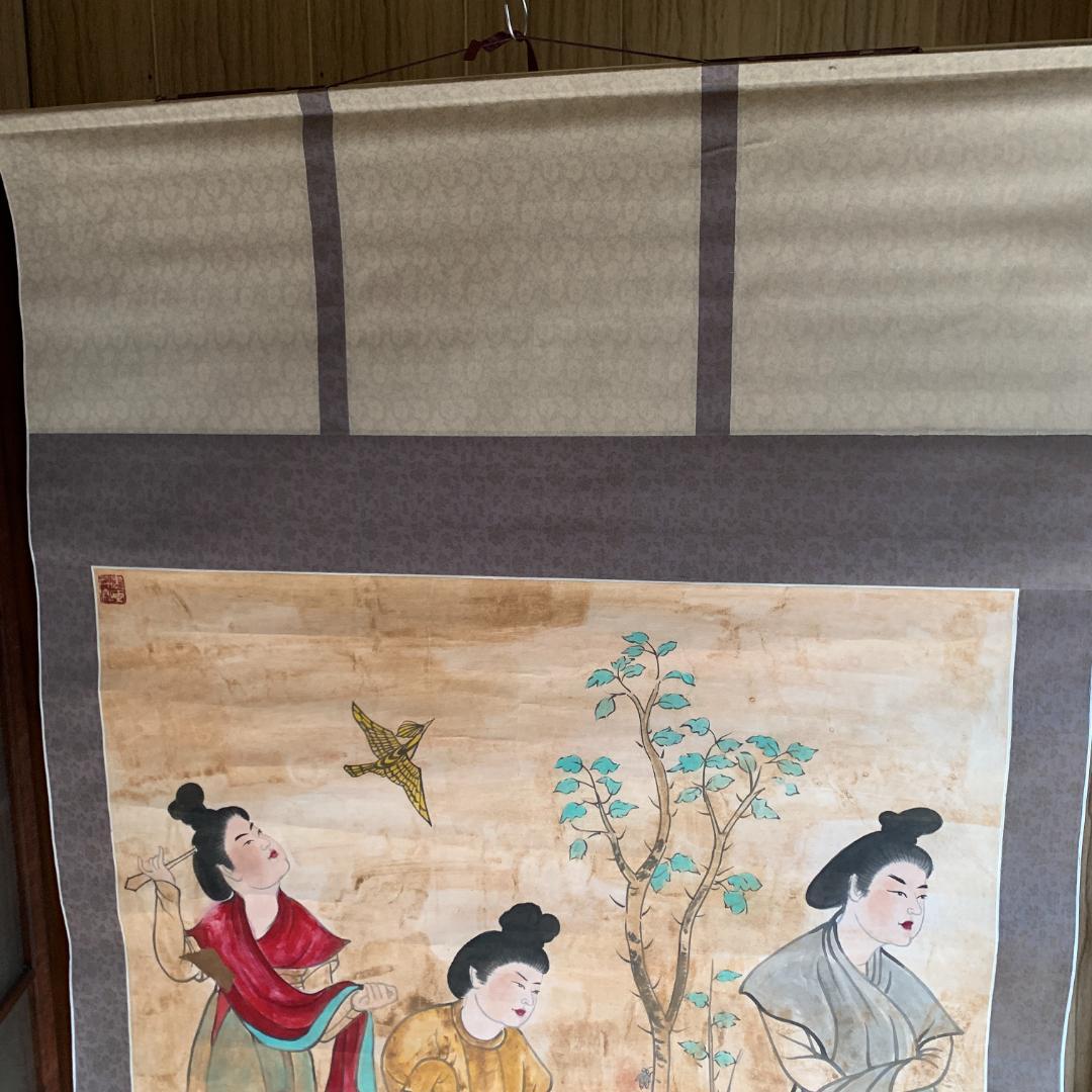 観鳥捕蝉図 作者不詳 掛け軸 和紙