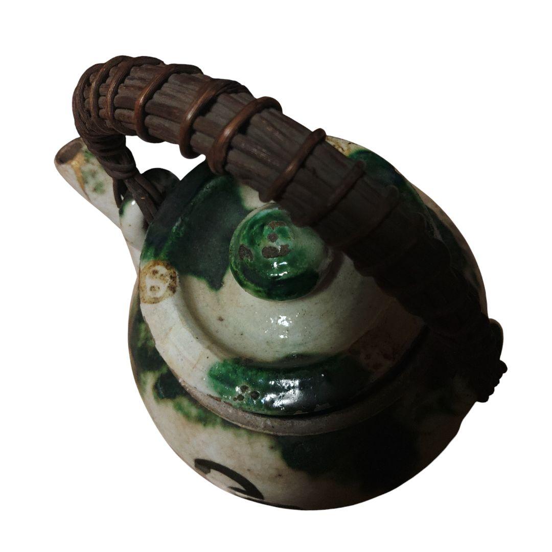 越後豊栄 太丘焼 織部釉土瓶 太丘銘 茶道