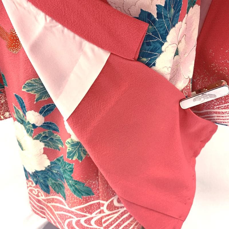 509ag38■七五三 三歳 女児 着物&被布&長襦袢 金彩 牡丹 扇■良好