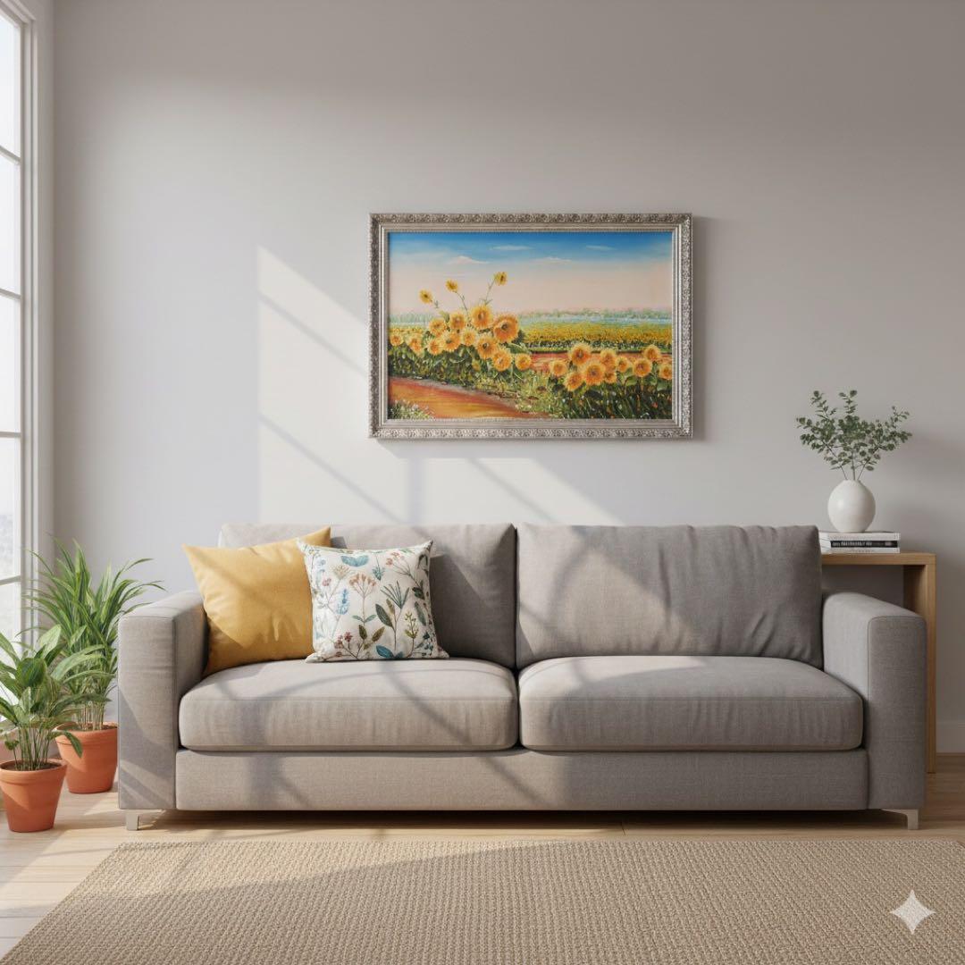 ★特大秀作★ 手書き油絵 ひまわり畑 肉筆絵画 額付き インテリア 油彩画