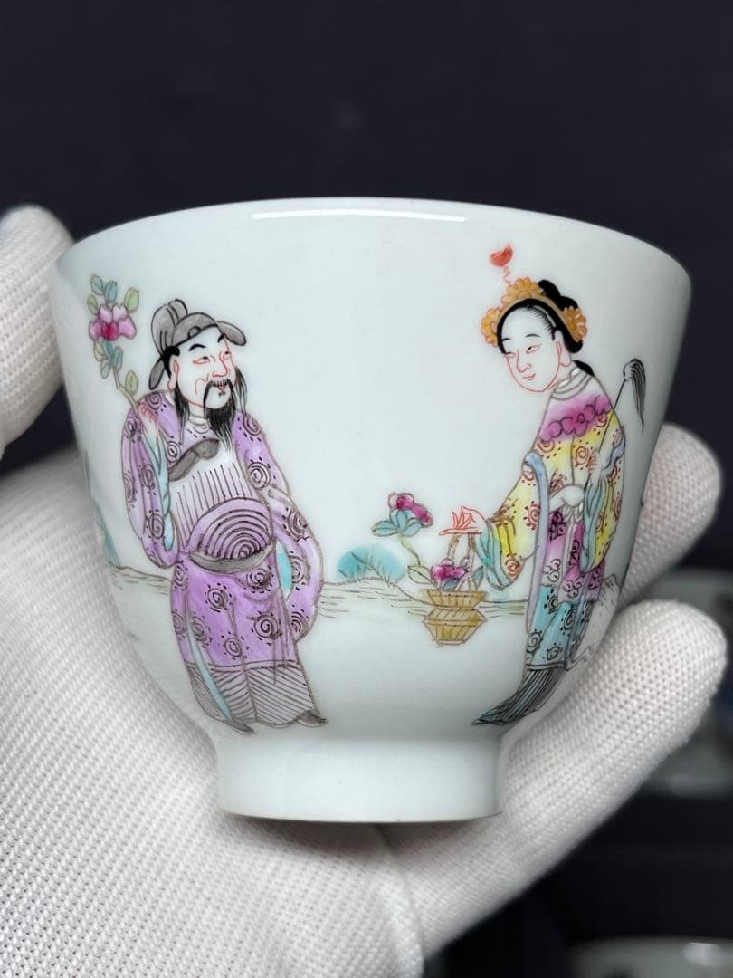 中国古美術 古磁 玩玉在銘 湯呑み 6点セット 手描き 細工粉彩 茶道具 箱付き