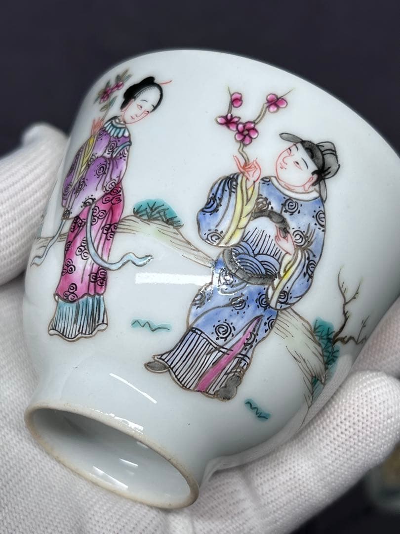 中国古美術 古磁 玩玉在銘 湯呑み 6点セット 手描き 細工粉彩 茶道具 箱付き