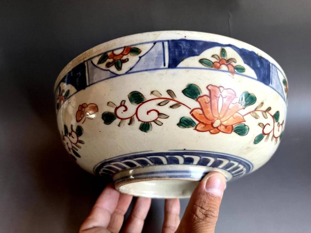 大鉢□赤絵 伊万里 錦絵 鶴亀 松竹梅 鳥 花唐草 古美術 時代物 骨董