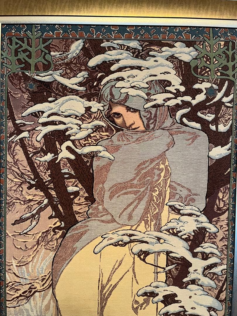 大判 Alphonse Mucha ガラス絵の冬 - 四季 絨毯 額入アート
